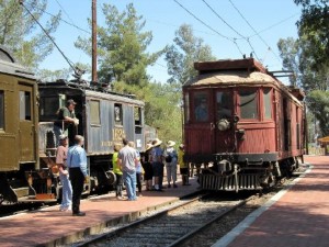 Two PE "home-brew" cars (built in Torrance in 1925) and the big brown tower car (built in Los Angeles in 1915) with the author running it.