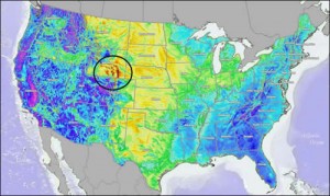 The dark orange over Wyoming means great wind resources to import to California